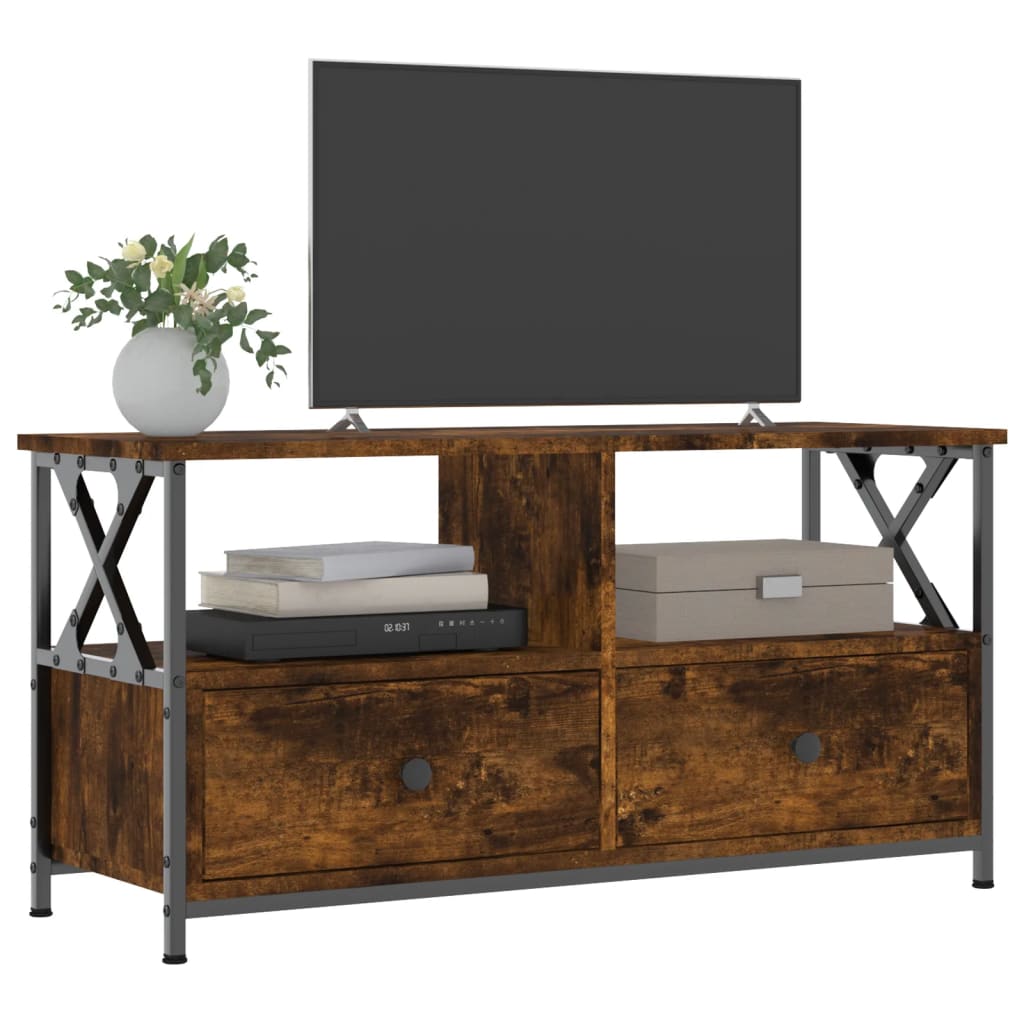 füstös tölgy színű szerelt fa és vas TV-szekrény 90x33x45 cm