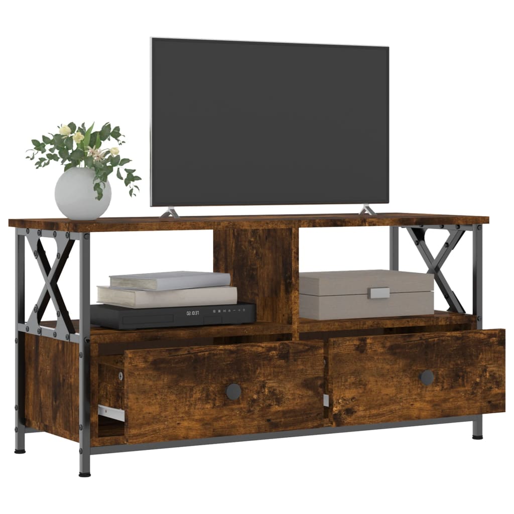 füstös tölgy színű szerelt fa és vas TV-szekrény 90x33x45 cm