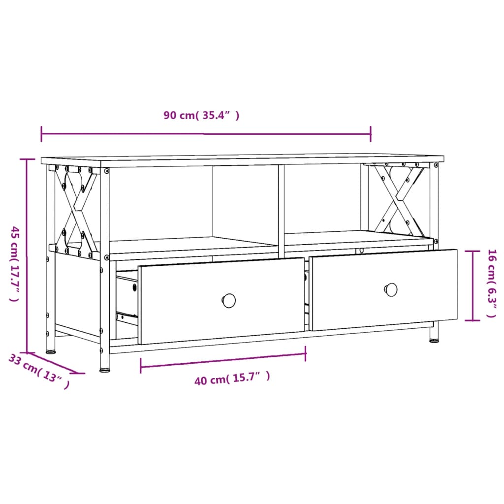 füstös tölgy színű szerelt fa és vas TV-szekrény 90x33x45 cm