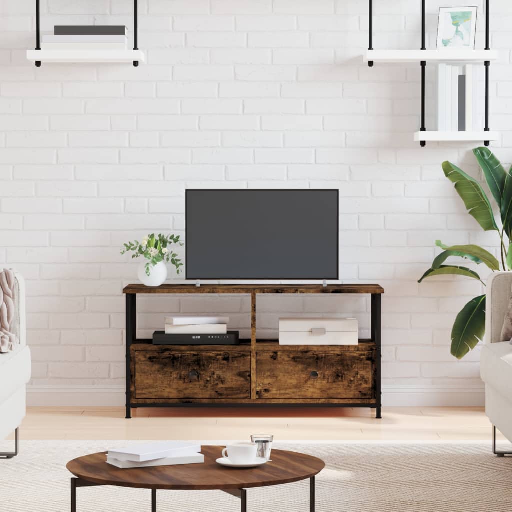 füstös tölgy színű szerelt fa és vas TV-szekrény 90x33x45 cm