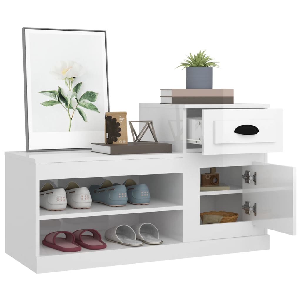 magasfényű fehér szerelt fa cipőszekrény 100x42x60 cm