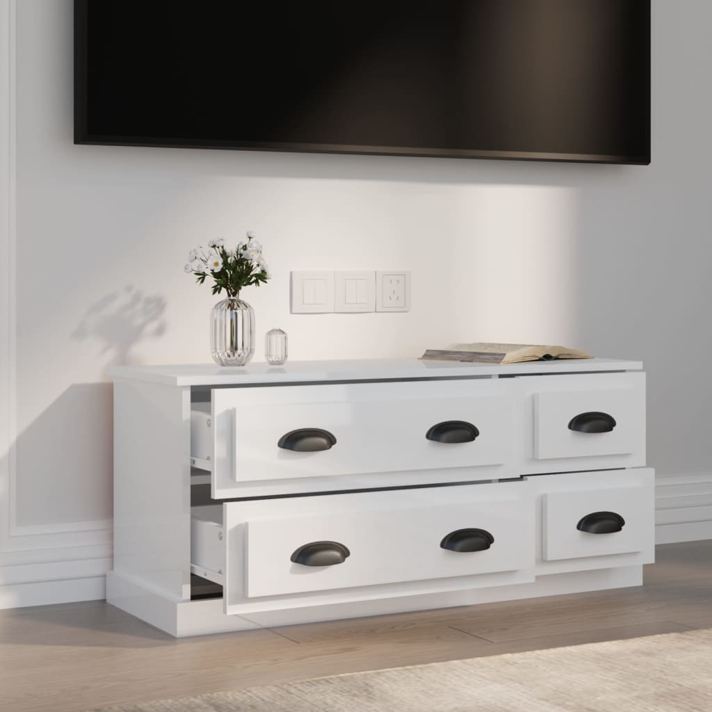 magasfényű fehér szerelt fa TV-szekrény 100 x 35,5 x 45 cm