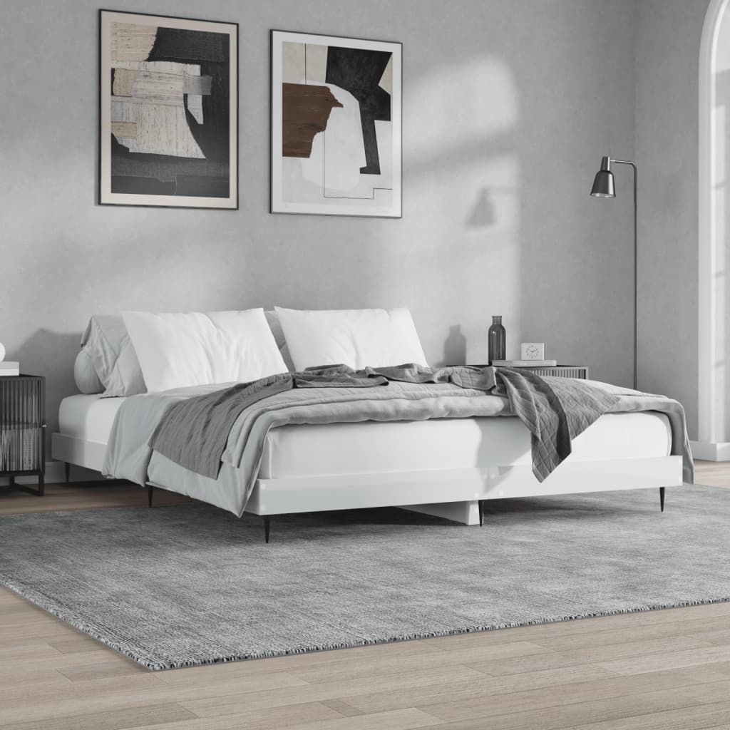 magasfényű fehér szerelt fa ágykeret 200 x 200 cm