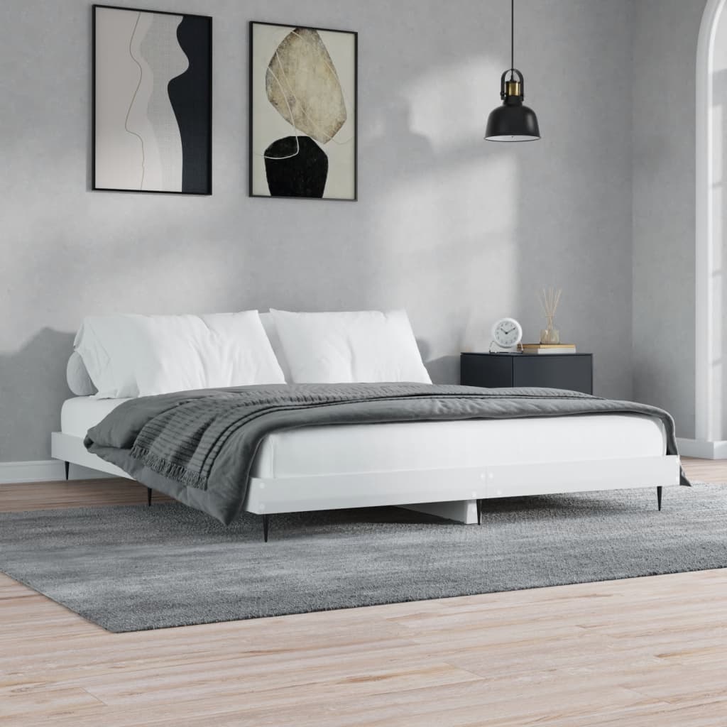 magasfényű fehér szerelt fa ágykeret 200 x 200 cm