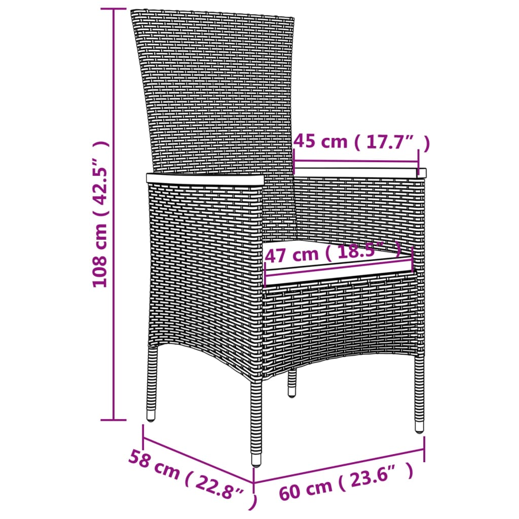 3 részes fekete polyrattan kerti étkezőgarnitúra párnákkal