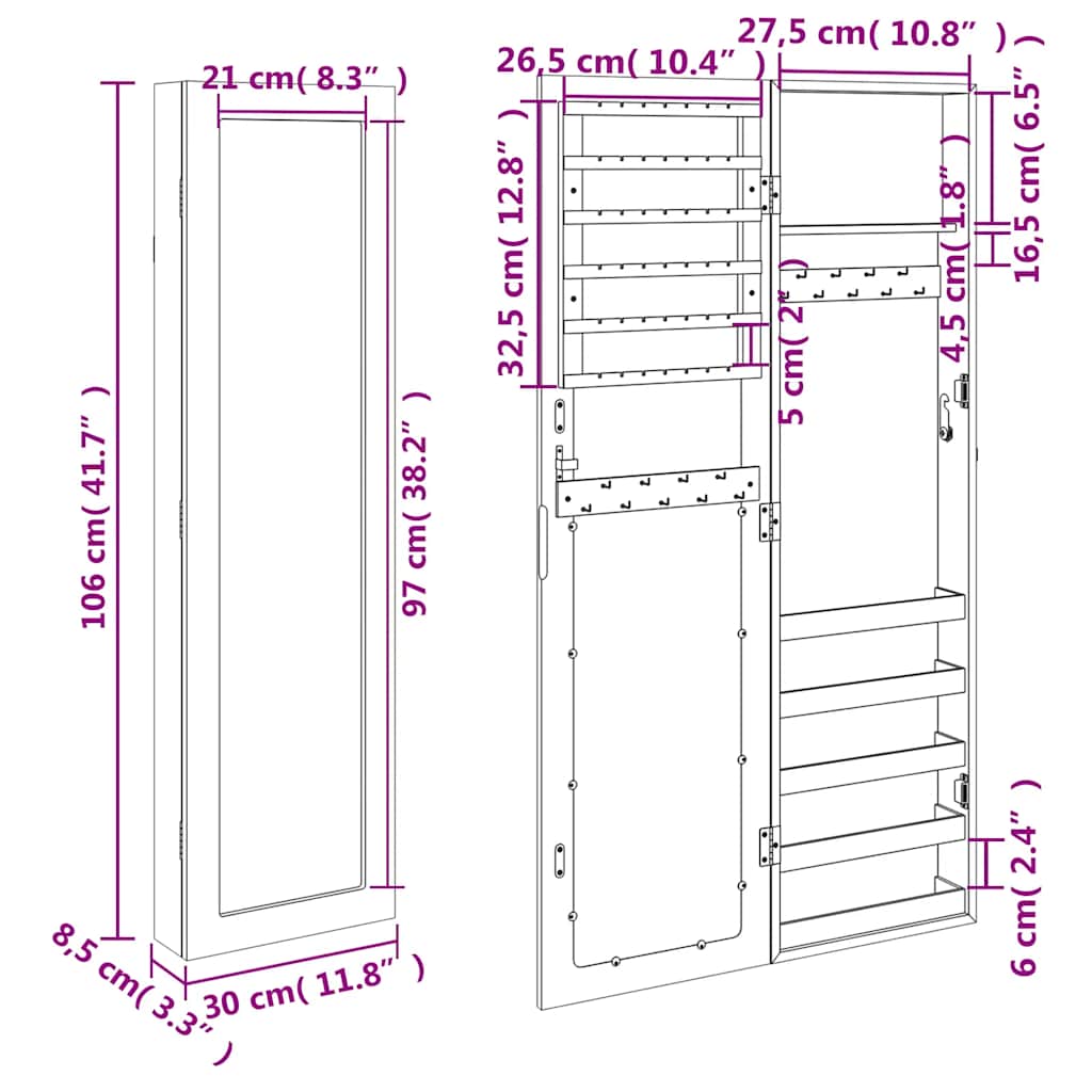 fehér falra szerelhető tükrös ékszerszekrény 30x8,5x106 cm