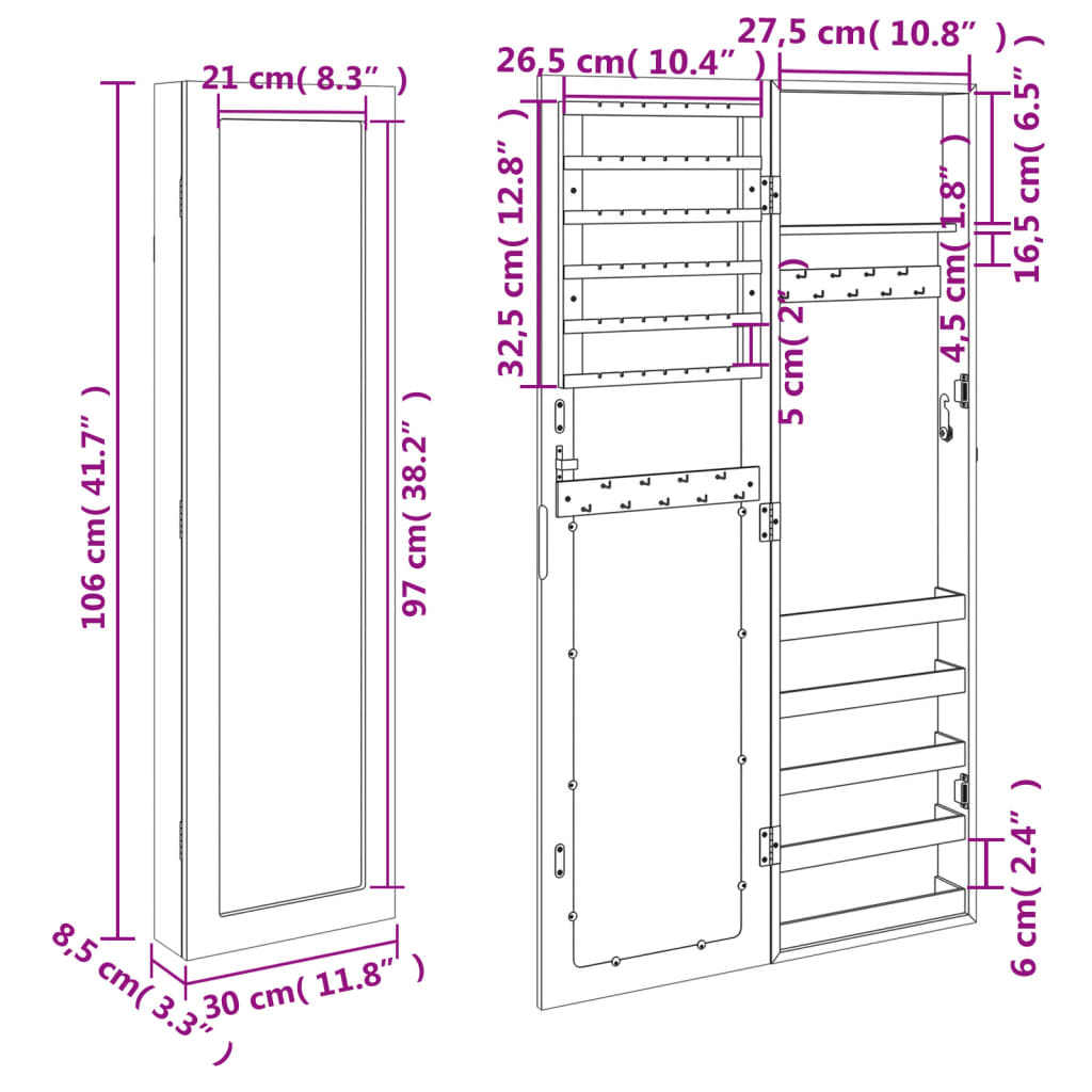 fekete falra szerelhető tükrös ékszerszekrény 30x8,5x106 cm