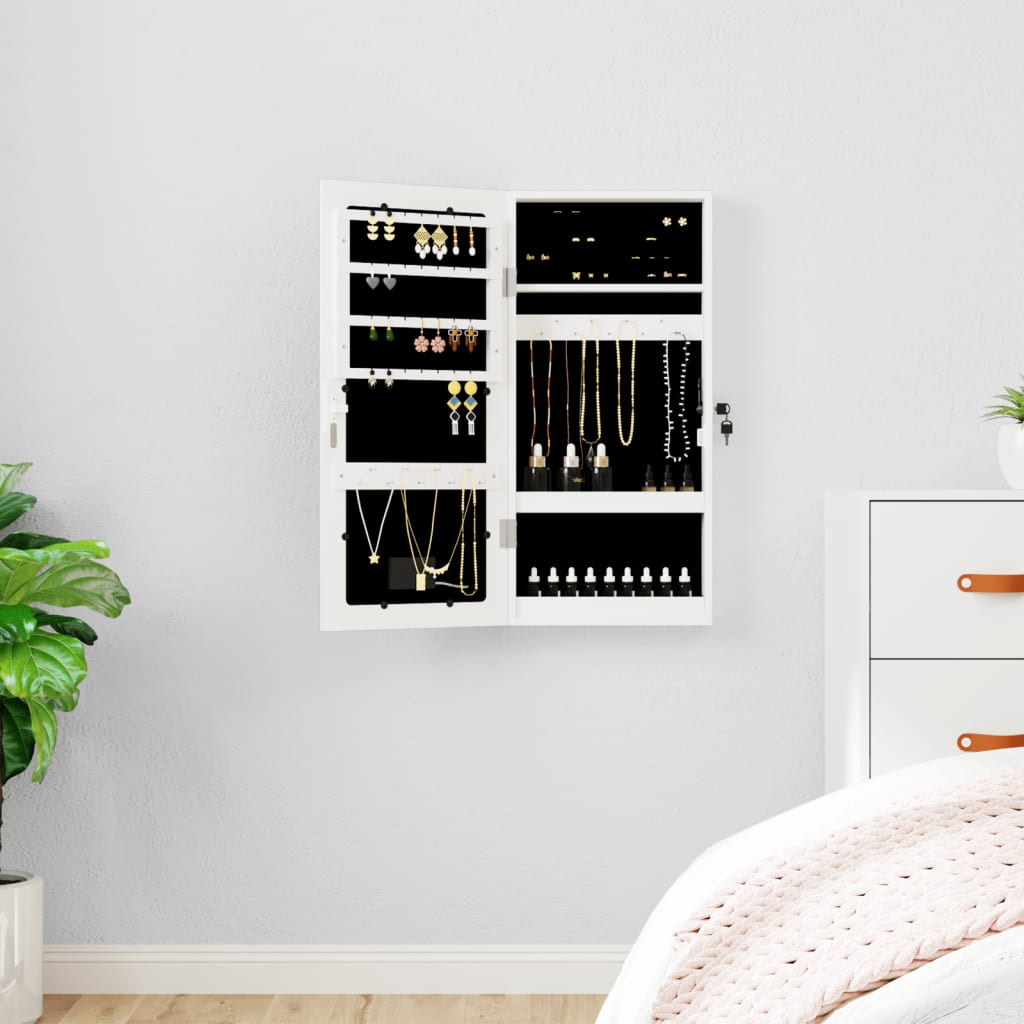 fehér falra szerelhető tükrös ékszerszekrény LED fényekkel