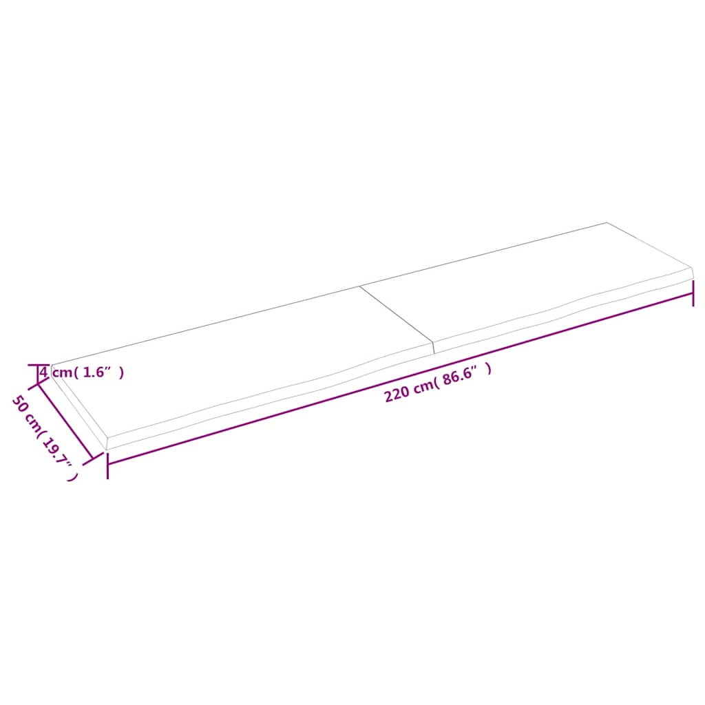sötétbarna kezelt tömör tölgyfa fali polc 220 x 50 x (2-4) cm