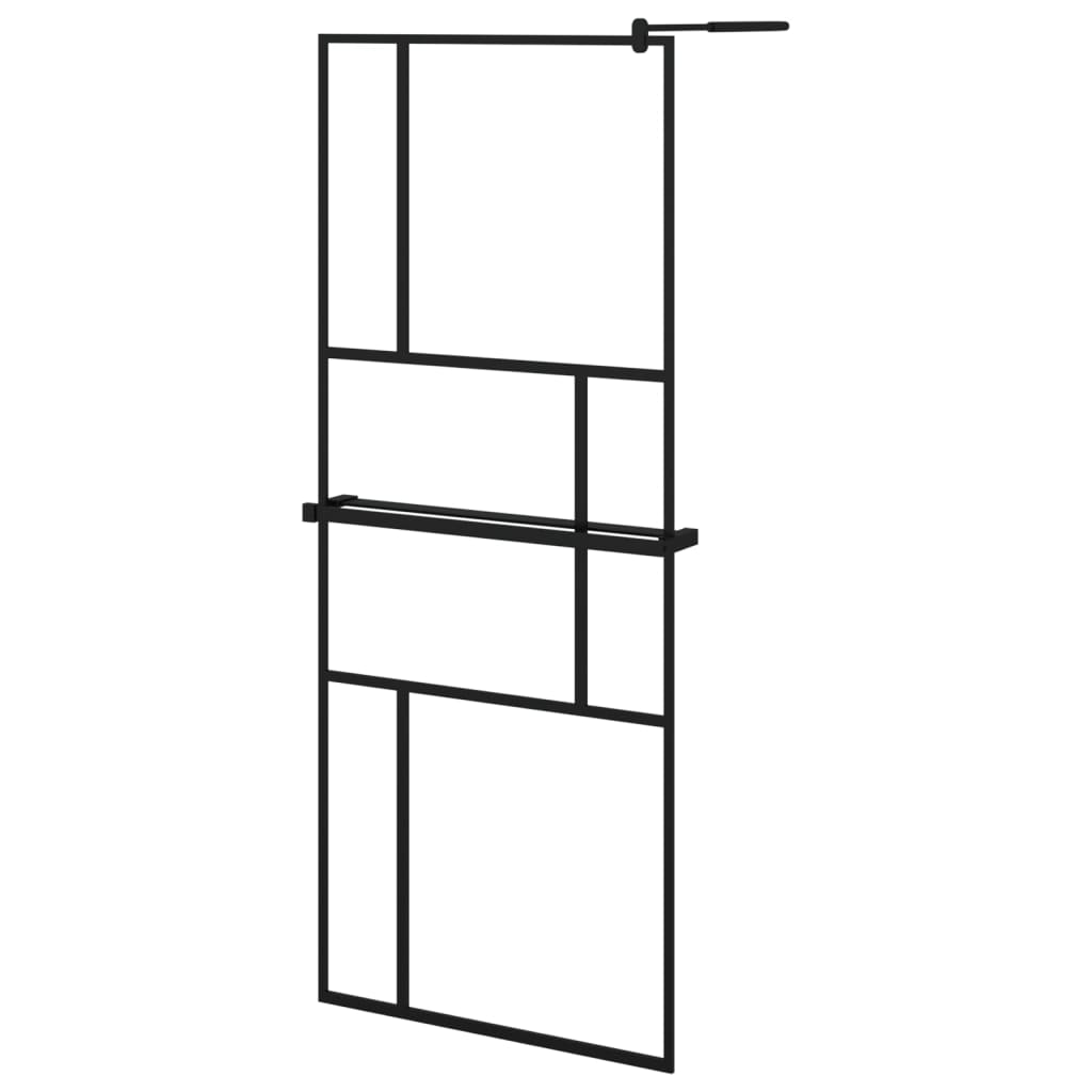 fekete ESG üveg és alumínium zuhanyfal polccal 80 x 195 cm