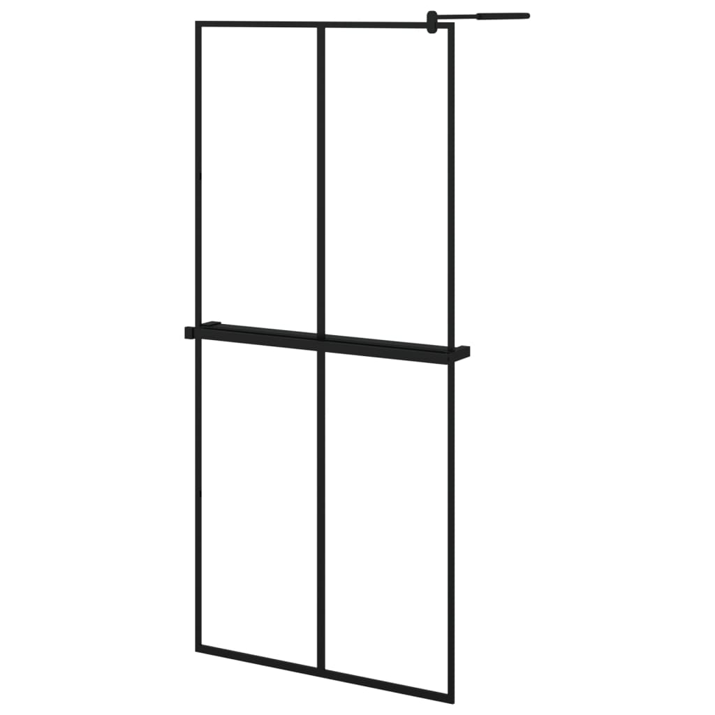 fekete ESG üveg és alumínium zuhanyfal polccal 90 x 195 cm
