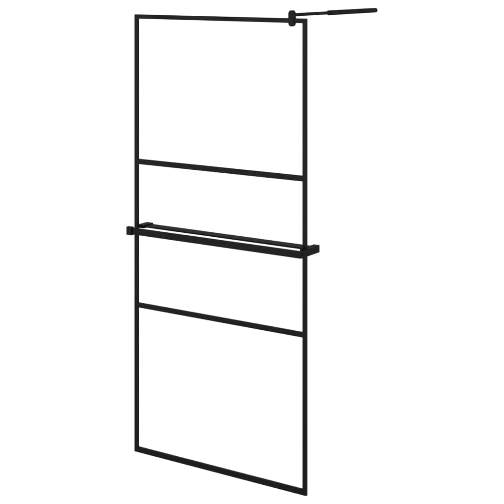 fekete ESG üveg és alumínium zuhanyfal polccal 90 x 195 cm