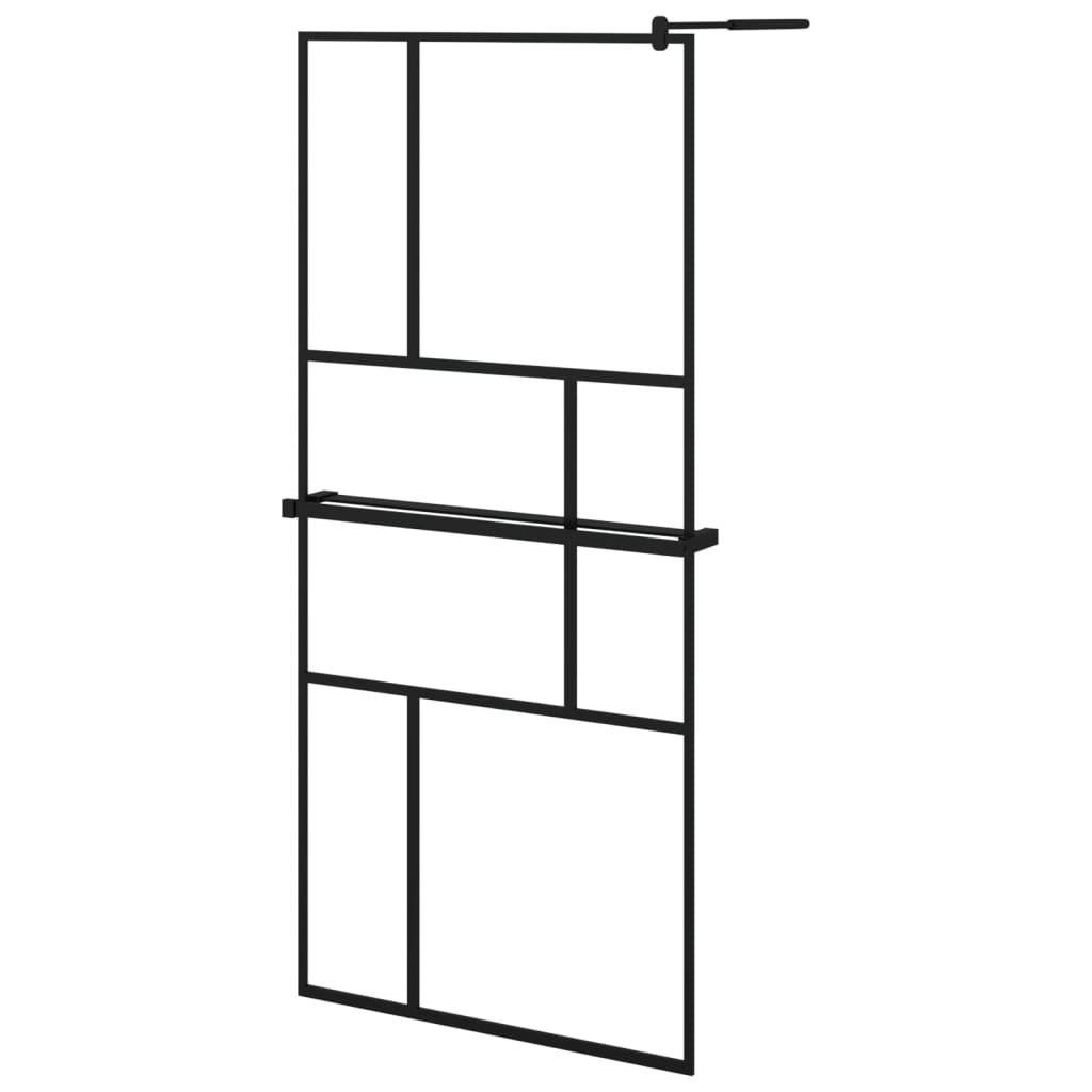 fekete ESG üveg és alumínium zuhanyfal polccal 90 x 195 cm