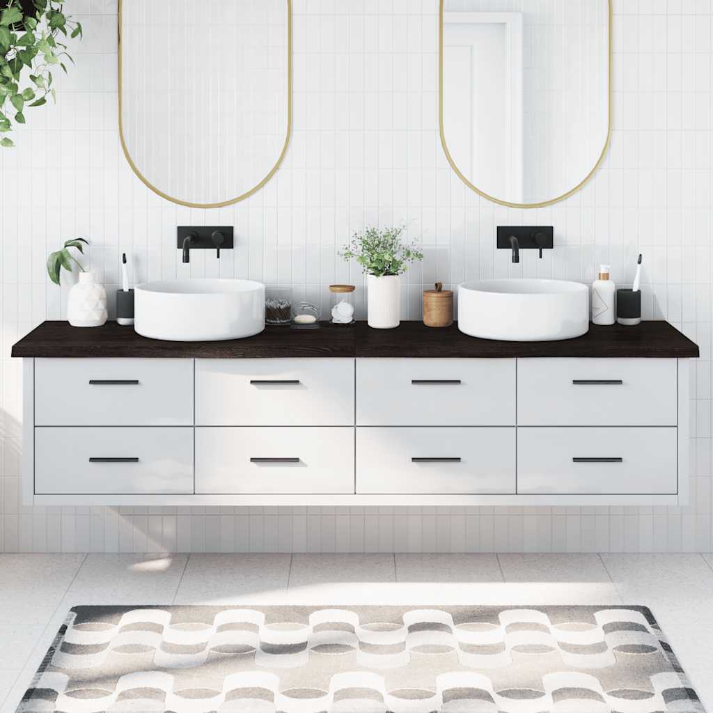 sötétbarna kezelt tömör fa fürdőszobai pult 220x50x(2-4) cm