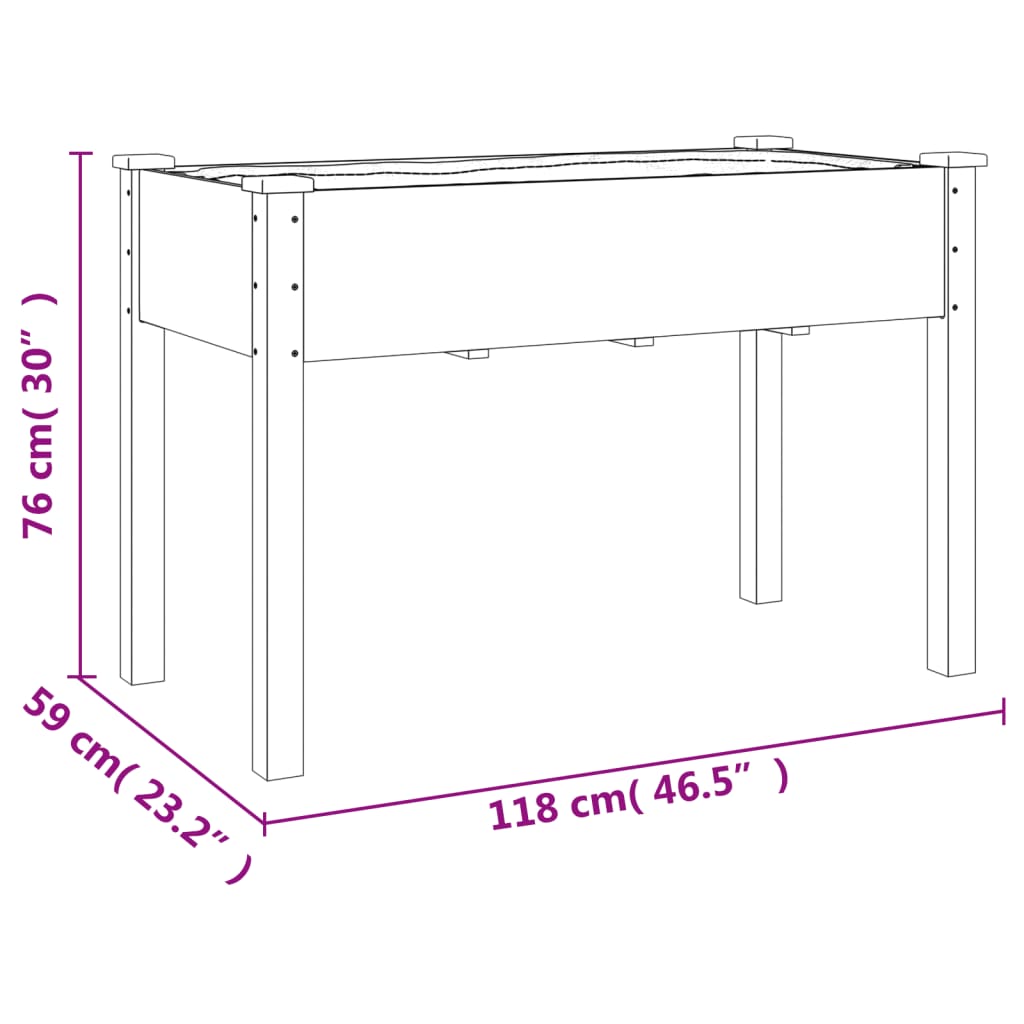 barna tömör fenyőfa kerekes ültetőláda béléssel 118x59x80 cm