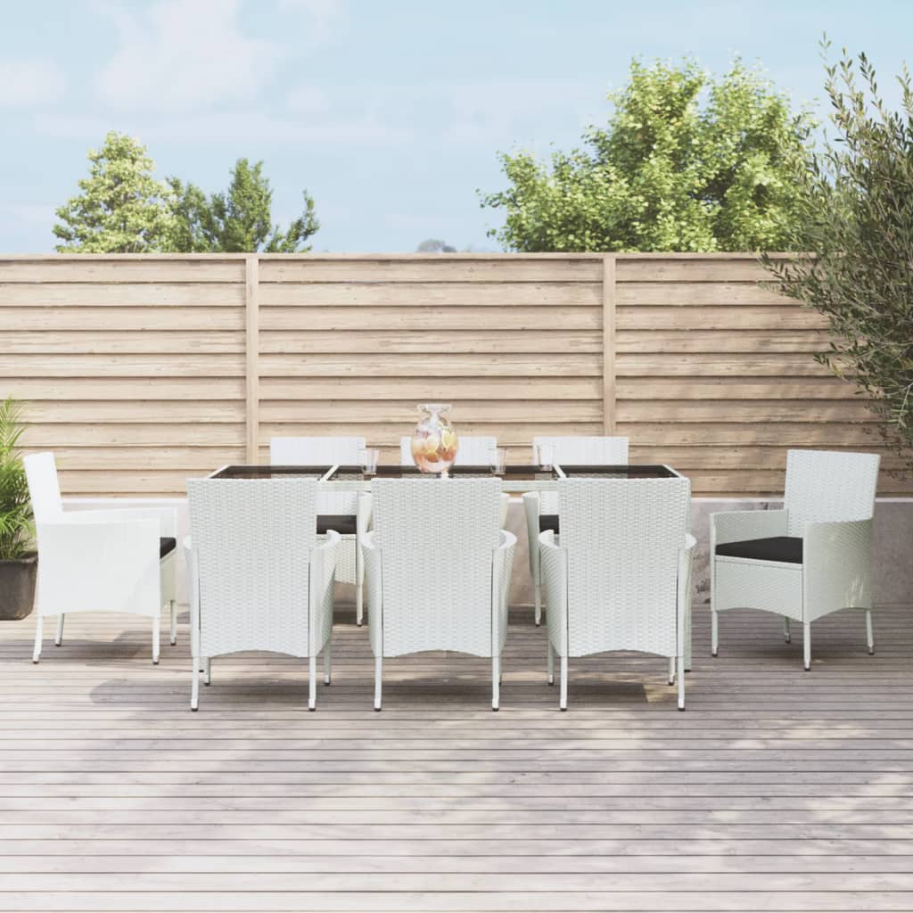 9 részes fehér polyrattan kerti étkezőgarnitúra párnákkal