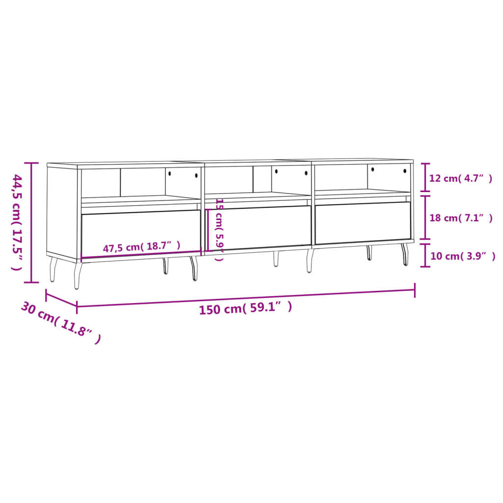 betonszürke szerelt fa TV-szekrény 150x30x44,5 cm
