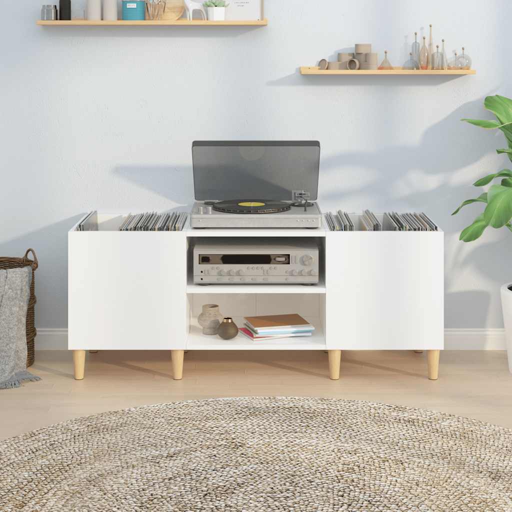 magasfényű fehér szerelt fa hanglemezszekrény 121x38x48 cm