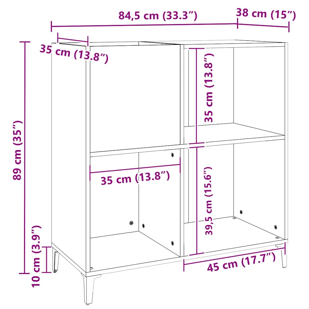 betonszürke szerelt fa hanglemezszekrény 84,5 x 38 x 89 cm