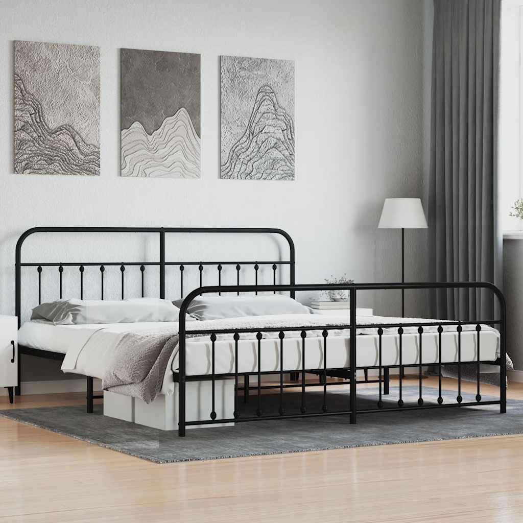fekete fém ágykeret fej- és lábtámlával 200 x 200 cm