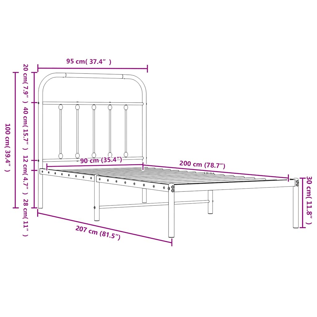 fehér fém ágykeret fej- és lábtámlával 90x200 cm