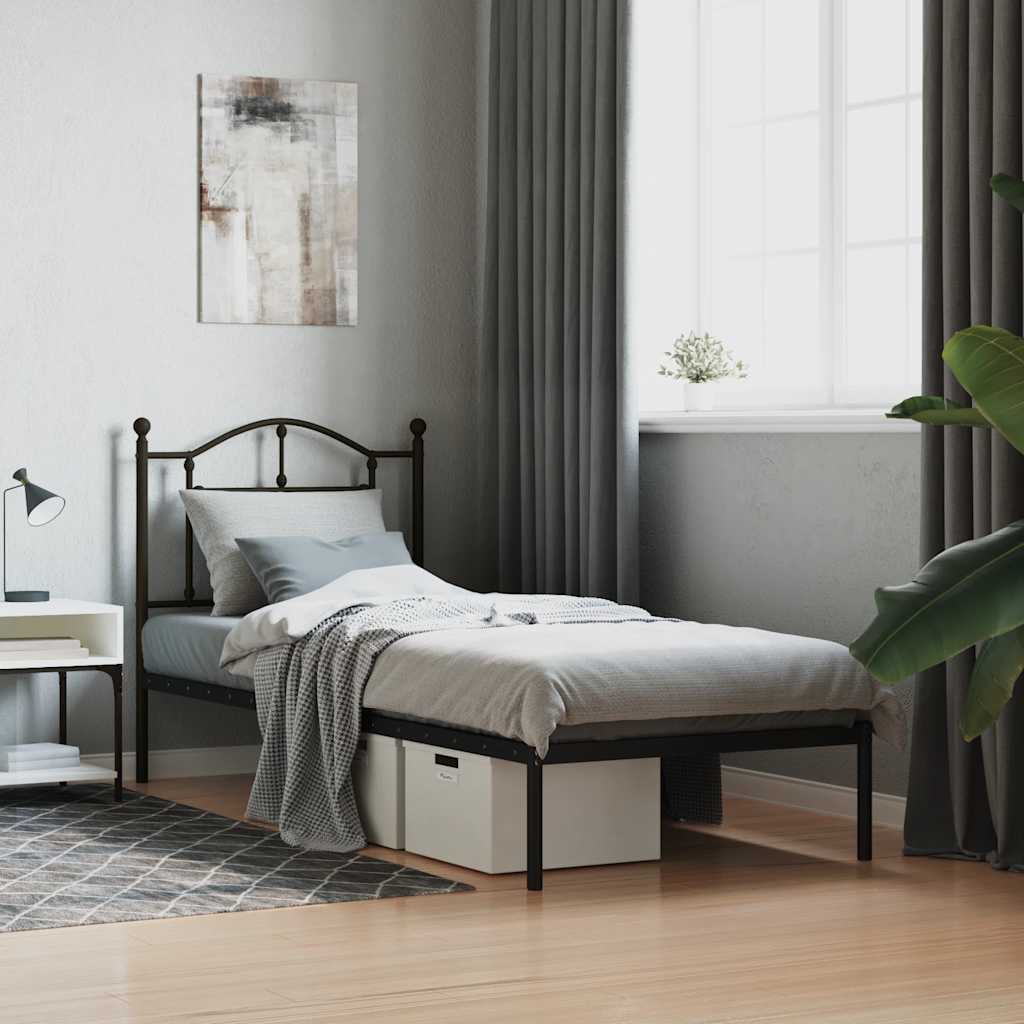 fekete fém ágykeret fejtámlával 80 x 200 cm