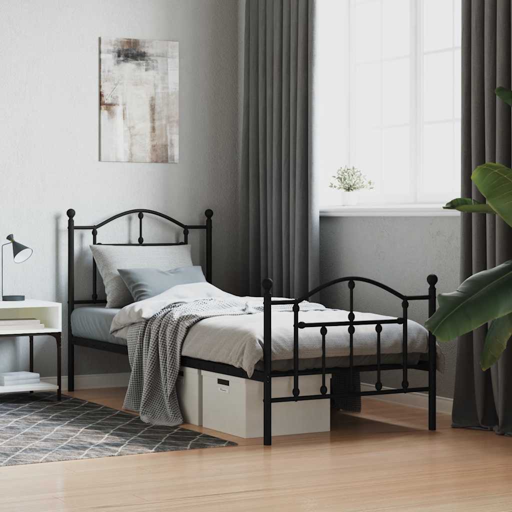 fekete fém ágykeret fej- és lábtámlával 90 x 200 cm
