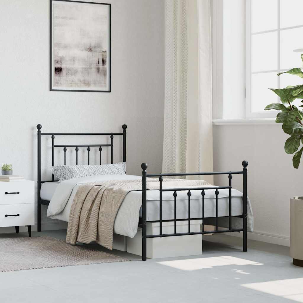 fekete fém ágykeret fej- és lábtámlával 90 x 190 cm