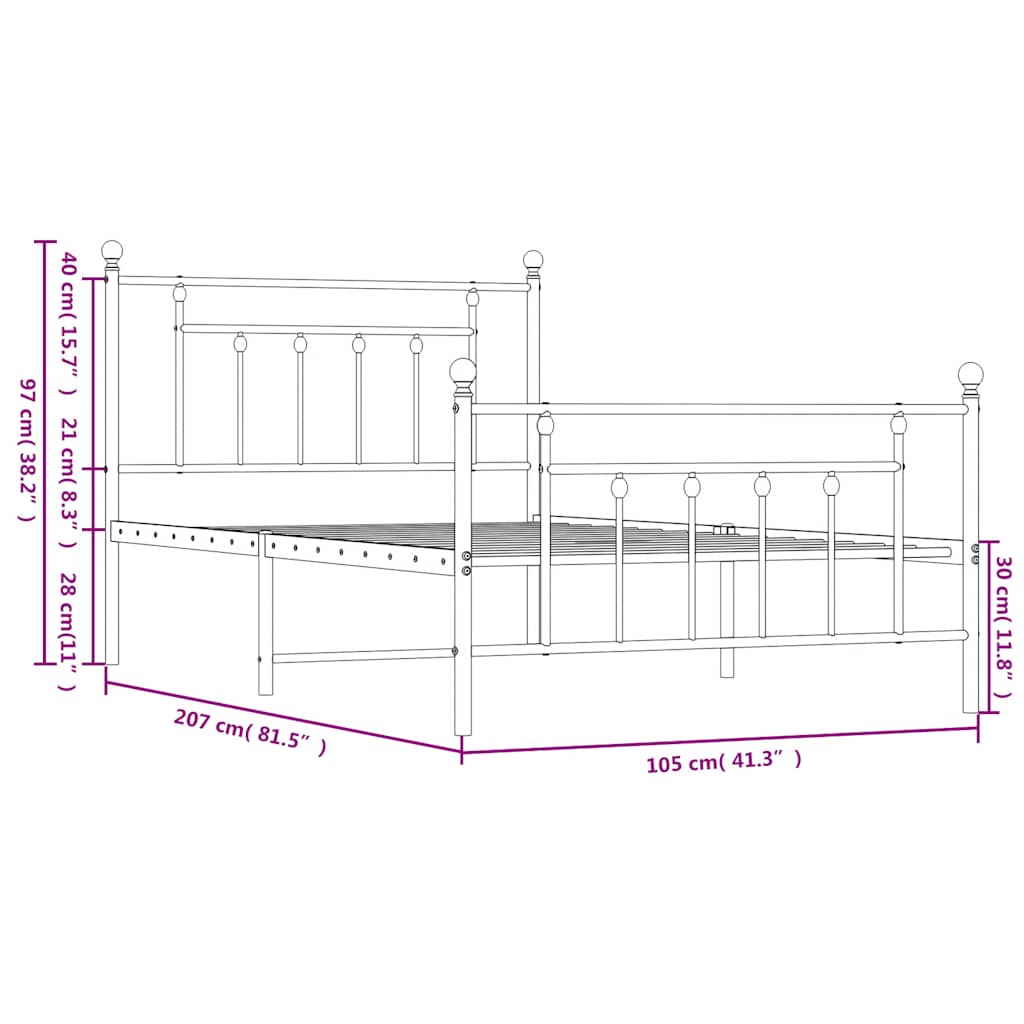 fekete fém ágykeret fej- és lábtámlával 100 x 200 cm