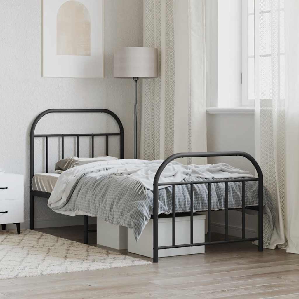 fekete fém ágykeret fej- és lábtámlával 90 x 190 cm