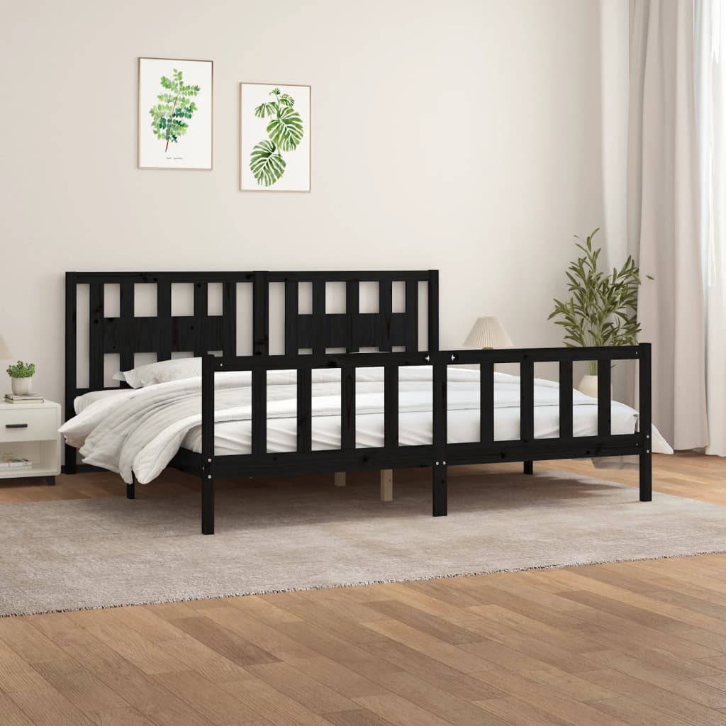 fekete tömör fenyőfa ágykeret fejtámlával 200 x 200 cm