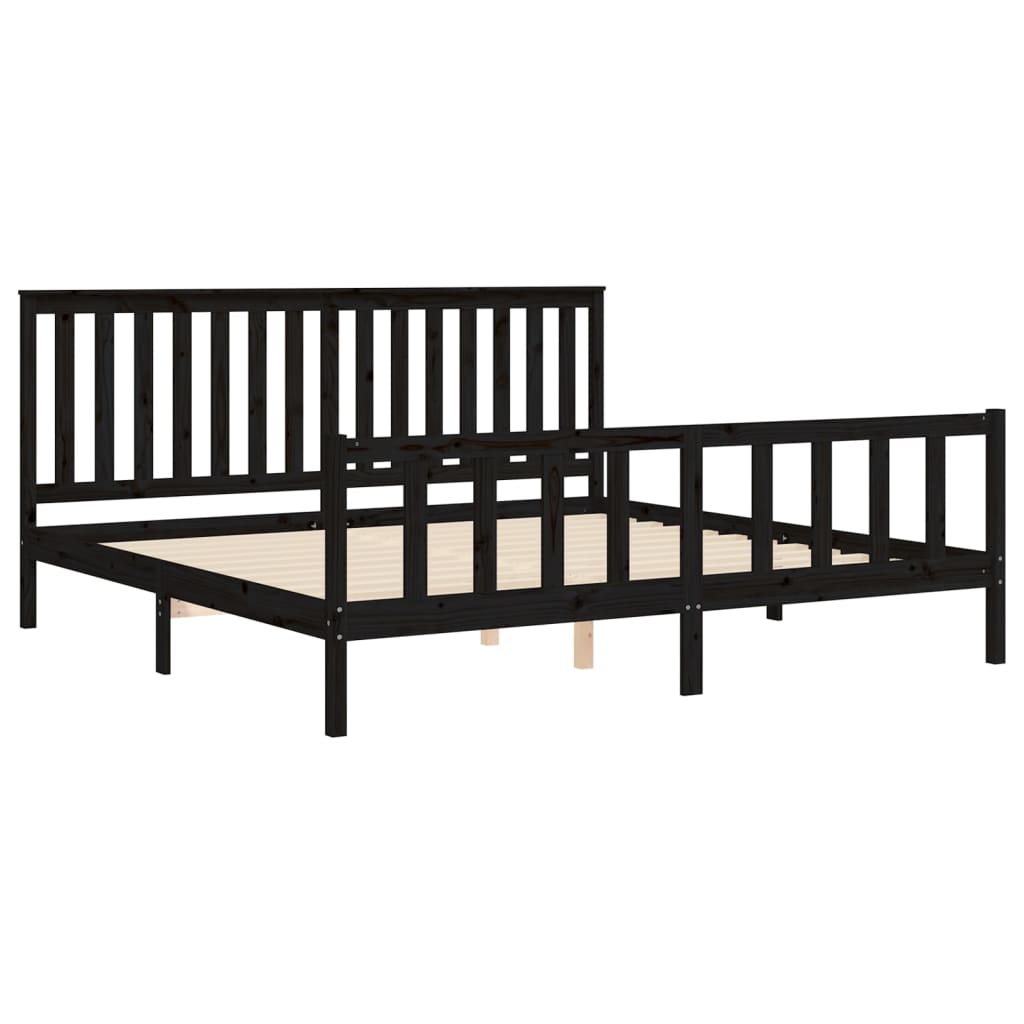 fekete tömör fenyőfa ágykeret fejtámlával 200 x 200 cm