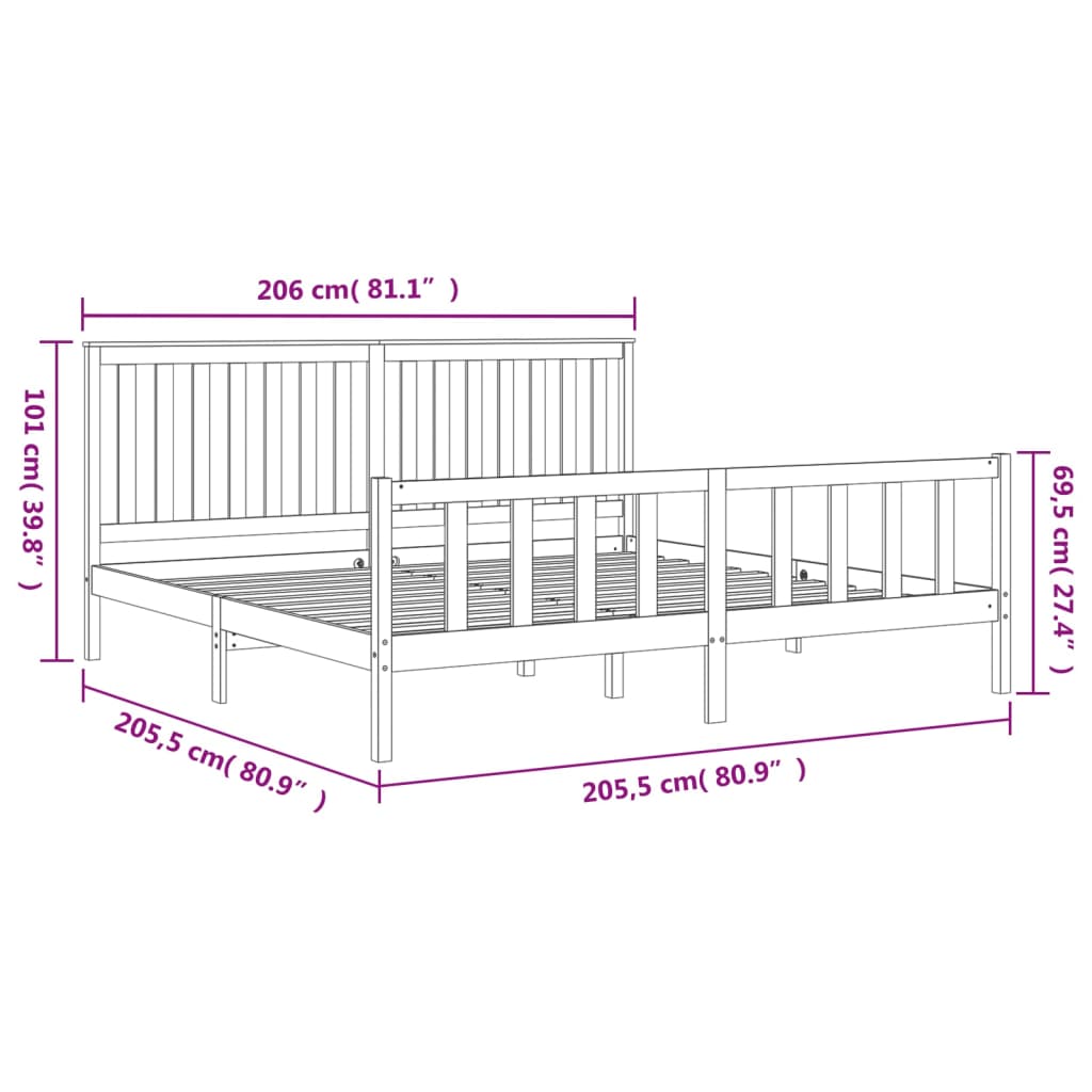 fekete tömör fenyőfa ágykeret fejtámlával 200 x 200 cm