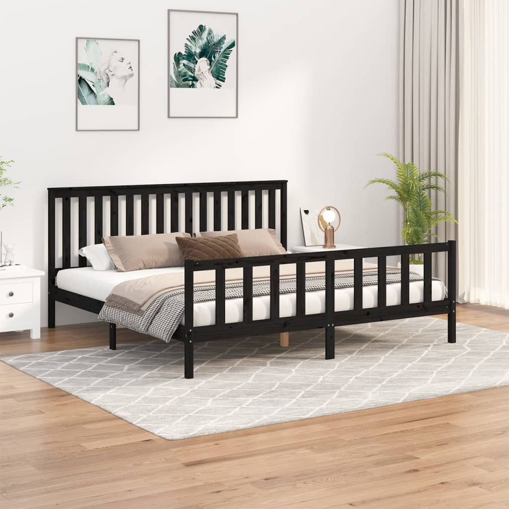 fekete tömör fenyőfa ágykeret fejtámlával 200 x 200 cm