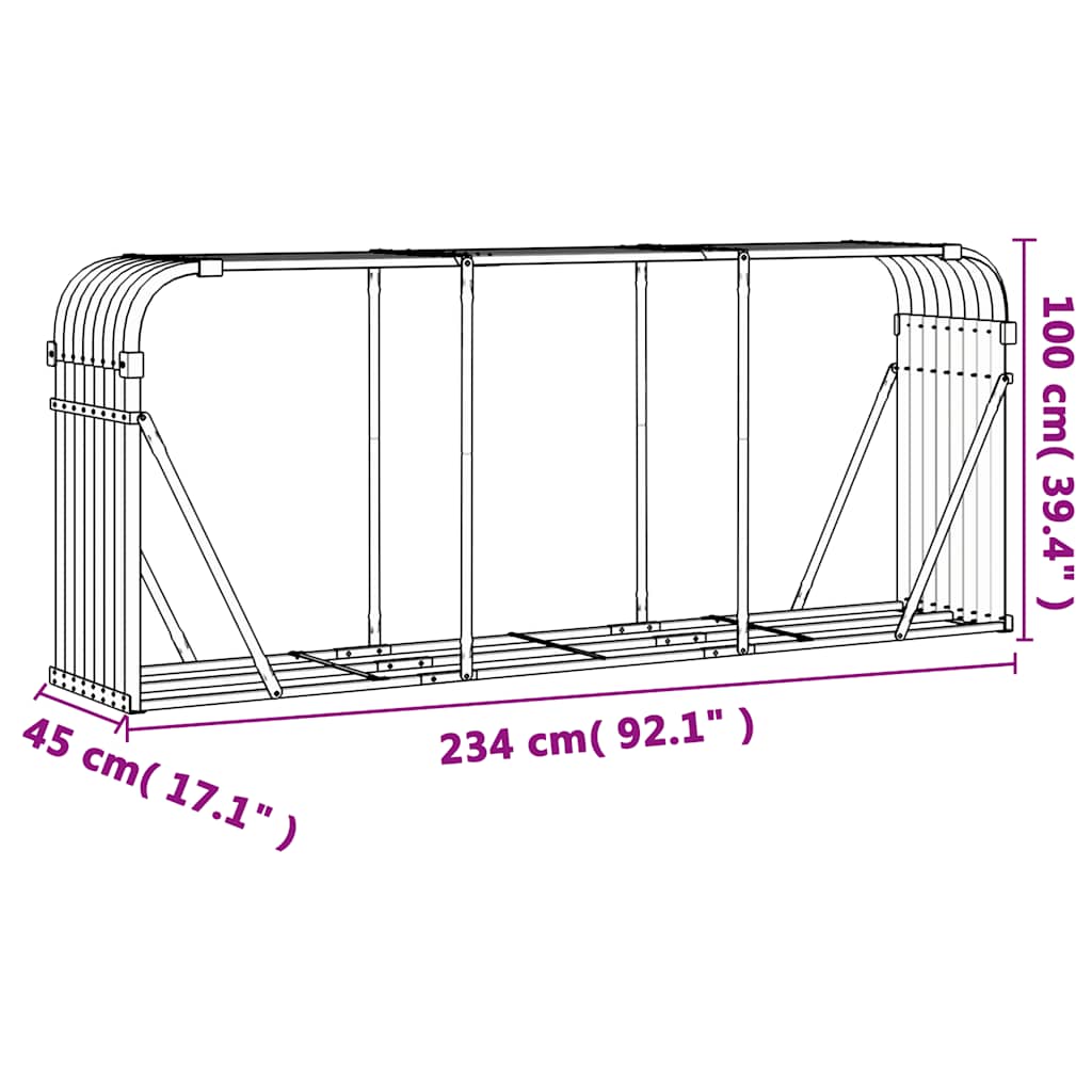 antracit színű horganyzott acél fatörzstartó 234 x 45 x 100 cm