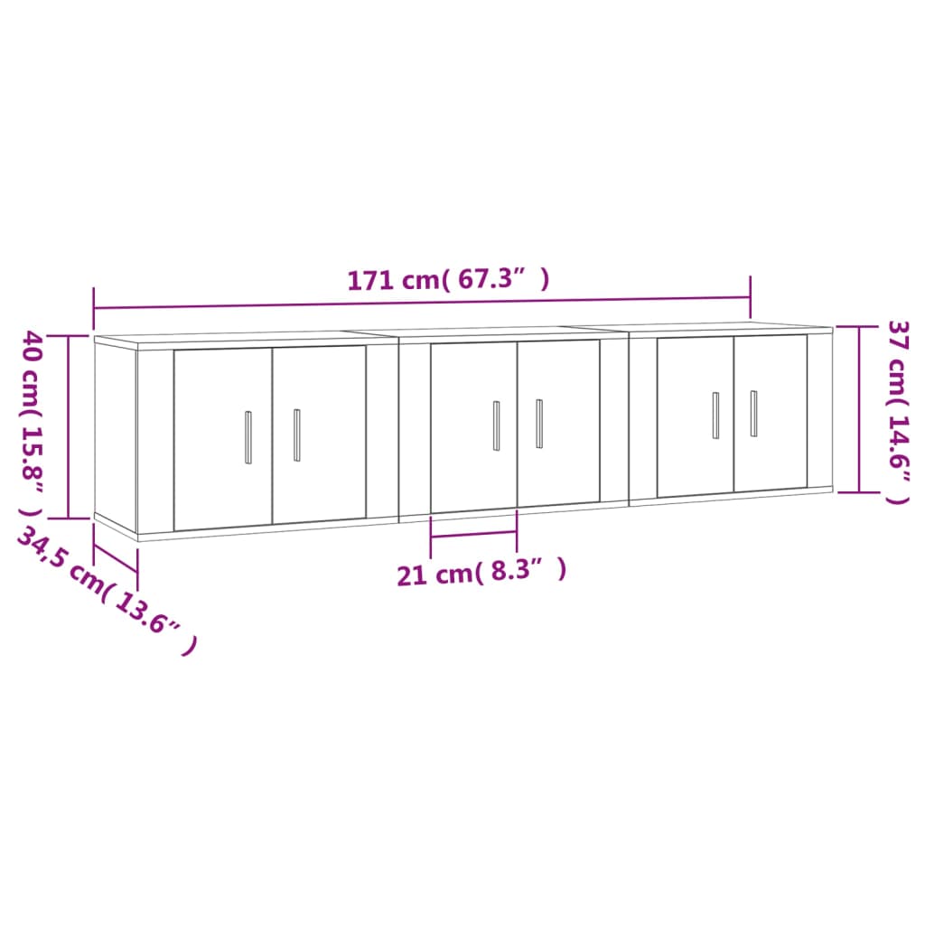 3 db szürke sonoma falra szerelhető TV-szekrény 57x34,5x40 cm