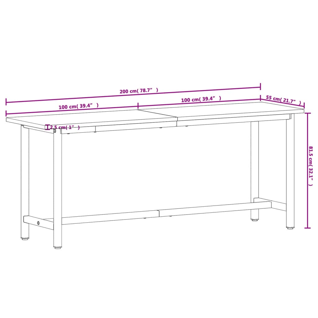 tömör bükkfa és fém munkaasztallap 200x55x81,5 cm
