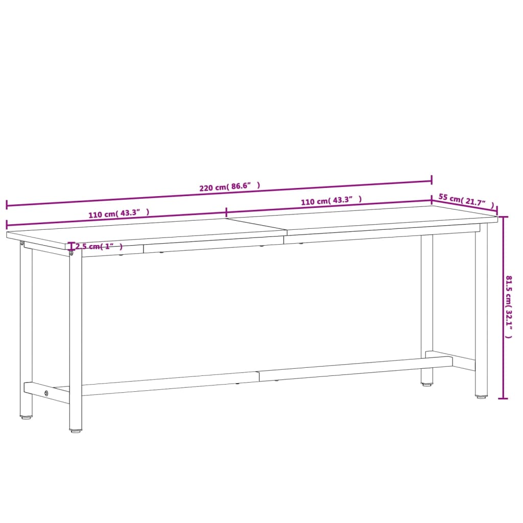 tömör bükkfa és fém munkaasztallap 220x55x81,5 cm