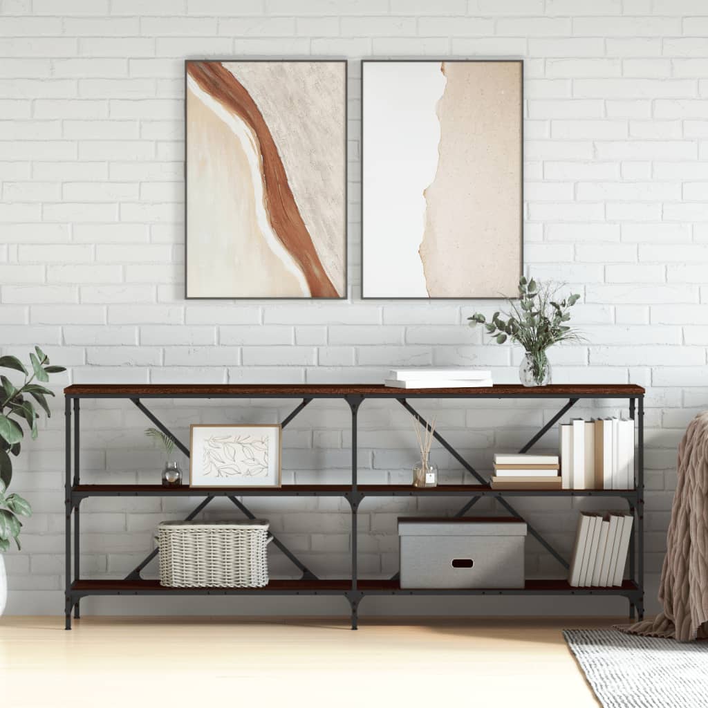 barna tölgyszínű szerelt fa és vas konzolasztal 180x30x75 cm
