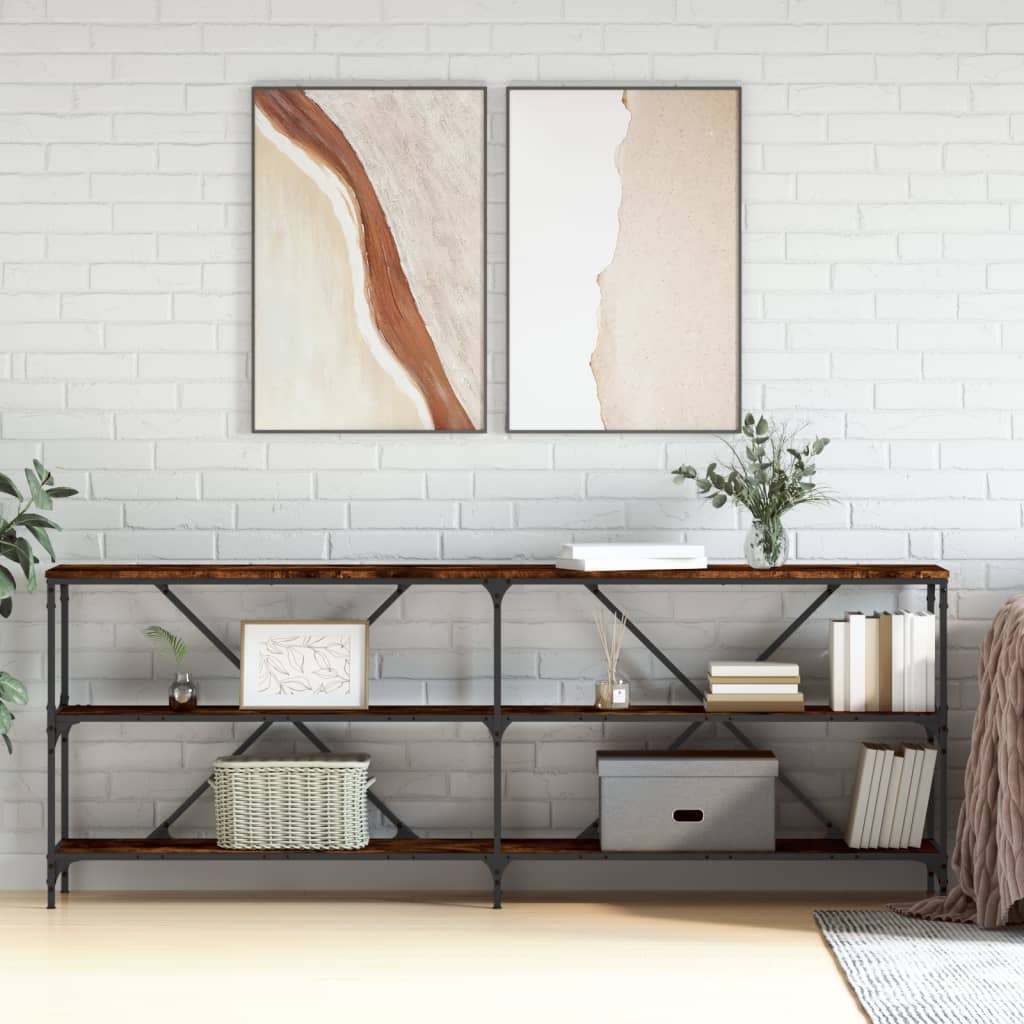 sonoma tölgy színű szerelt fa és vas konzolasztal 200x30x75 cm