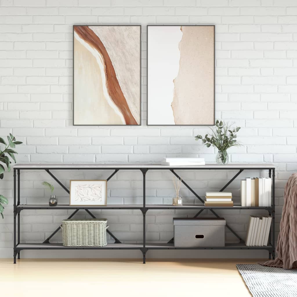 szürke sonoma szerelt fa és vas konzolasztal 200x30x75 cm