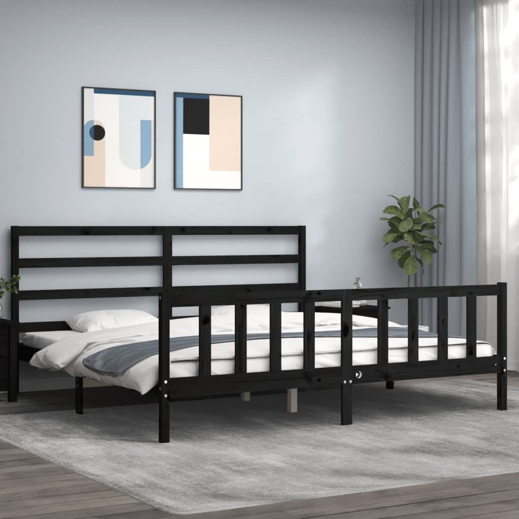 fekete tömör fa ágykeret fejtámlával 200 x 200 cm
