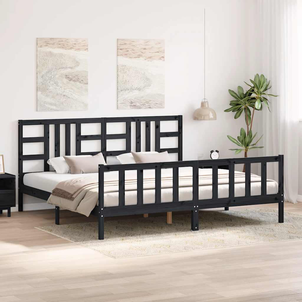 fekete tömör fa ágykeret fejtámlával 200 x 200 cm