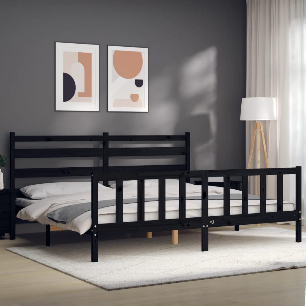 fekete tömör fa ágykeret fejtámlával 200 x 200 cm
