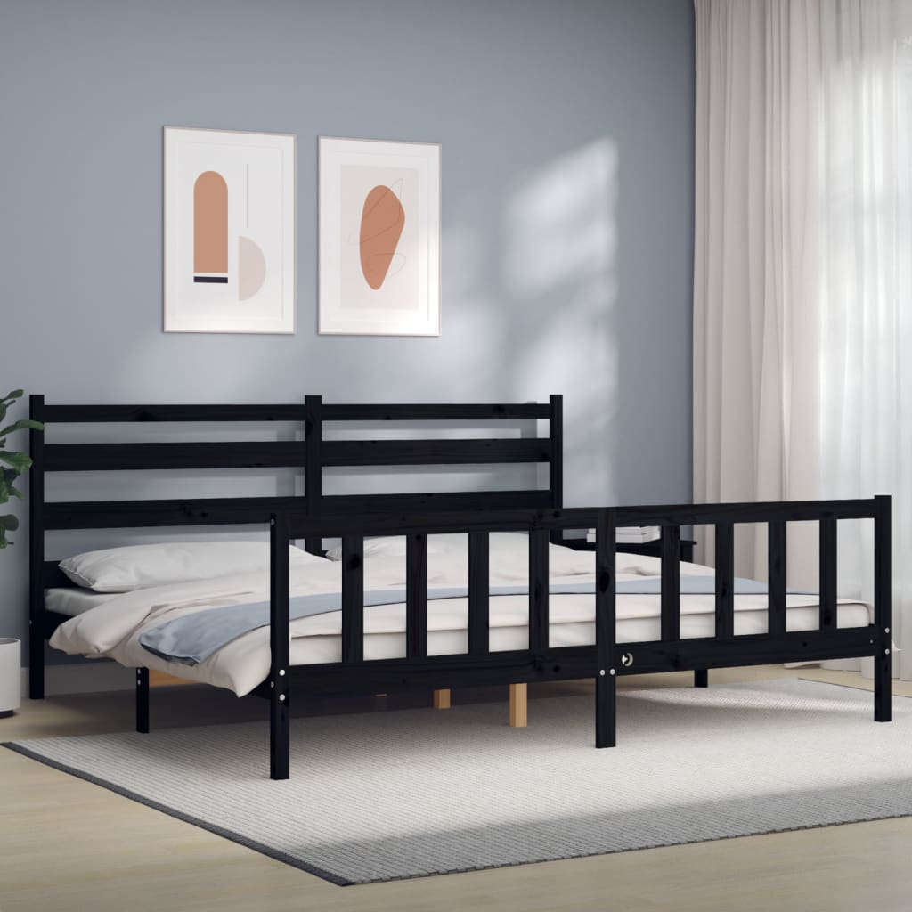 fekete tömör fa ágykeret fejtámlával 200 x 200 cm