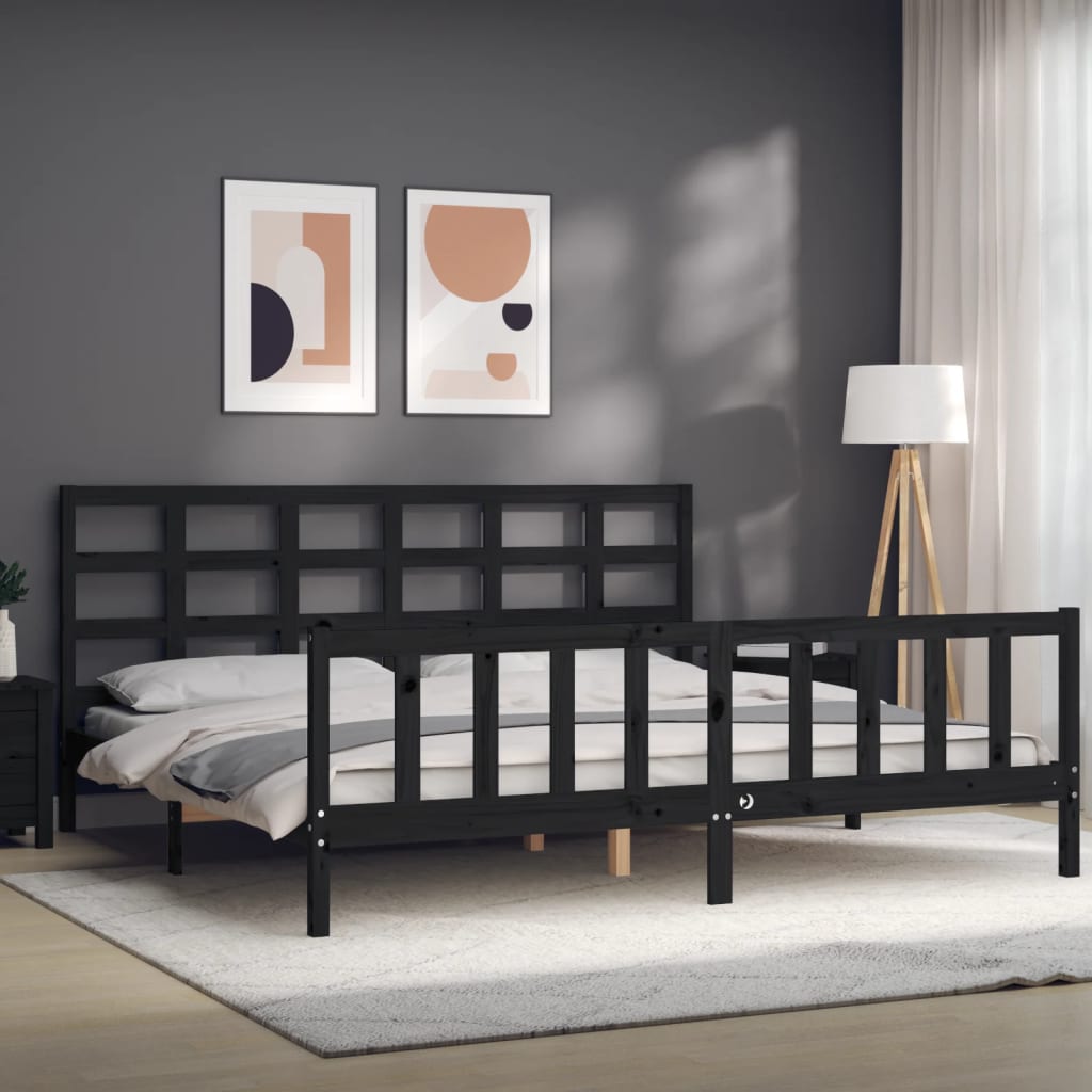 fekete tömör fa ágykeret fejtámlával 200 x 200 cm