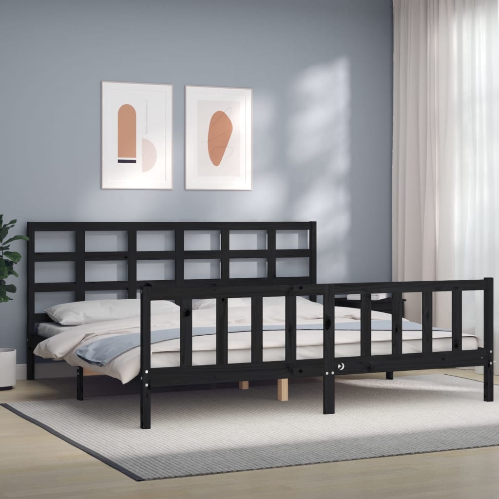 fekete tömör fa ágykeret fejtámlával 200 x 200 cm
