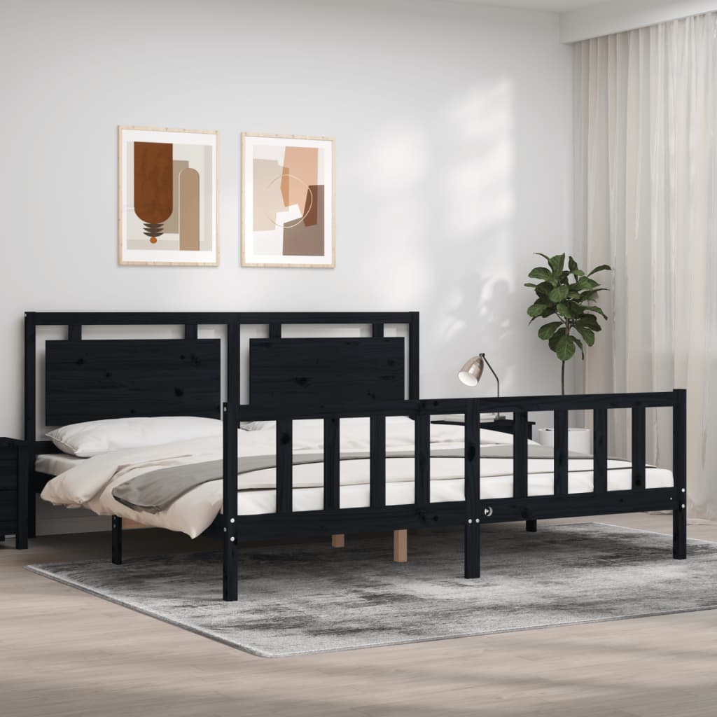fekete tömör fa ágykeret fejtámlával 200 x 200 cm