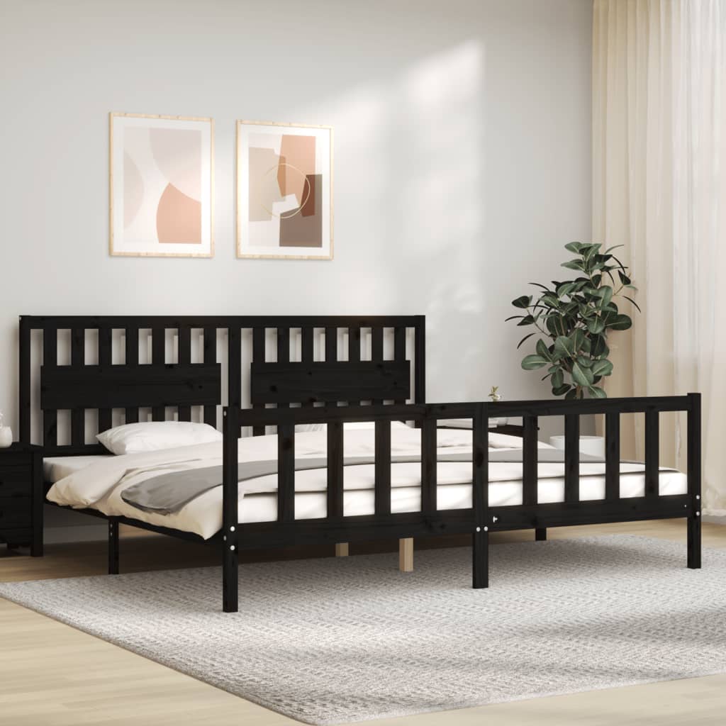 fekete tömör fa ágykeret fejtámlával 200 x 200 cm