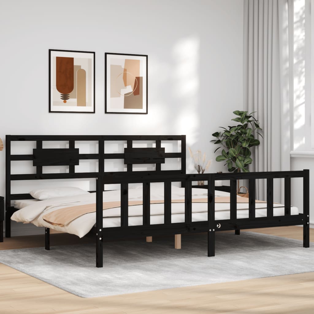 fekete tömör fa ágykeret fejtámlával 200 x 200 cm